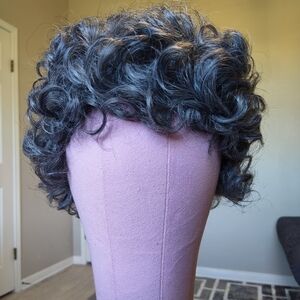 Short Curly Salt Pepper Wig Synthetic Full Cap Voluminous Layered Curls Gray Mix